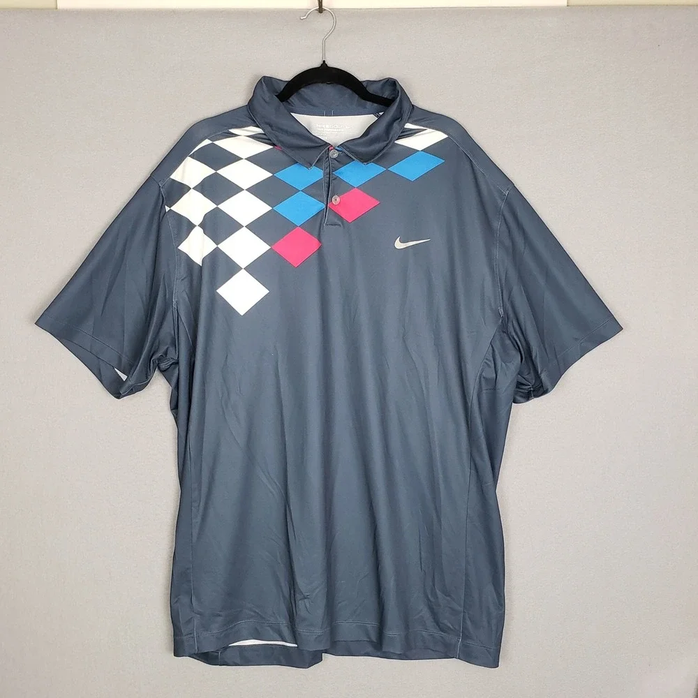 Nike Golf Tour Performance Polo Shirt Blue Retro Checkered Diamond Mens Size XXL